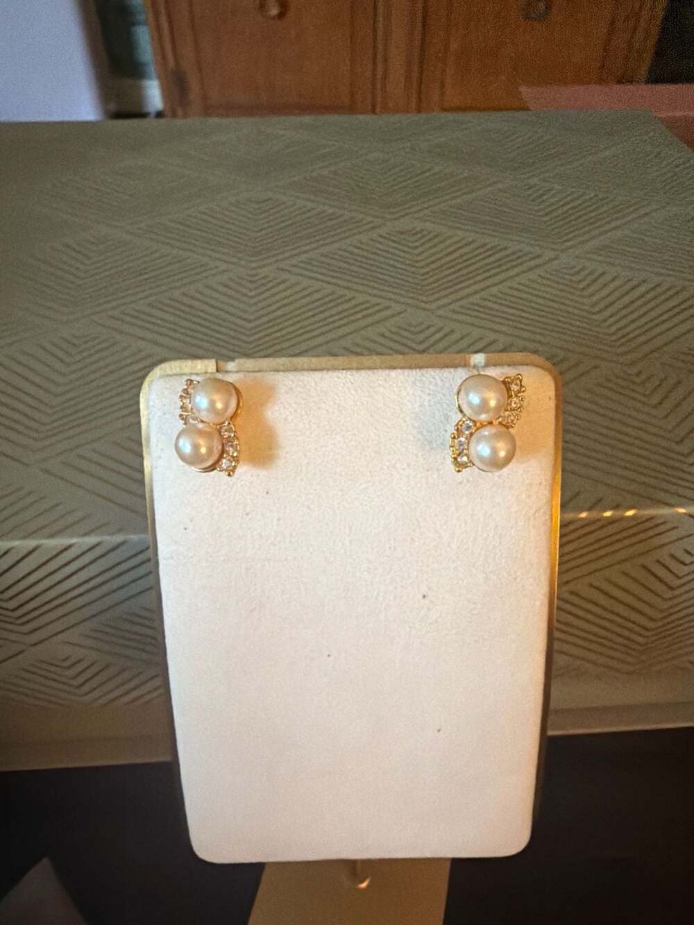 Vintage Avon Gold Tone Double Faux Pearl and Rhinestone Swirl Stud Earrings